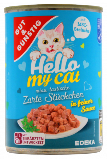 Gut & Günstig Hello my Cat Zarte Stückchen in feiner Sauce mit MSC-Seelachs, 10 x 415g Dosen