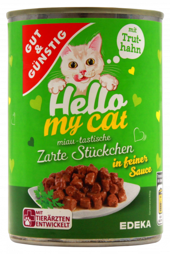 Gut & Günstig Hello my cat Zarte Stückchen in feiner Sauce mit Truthahn, 10 x 415g Dosen