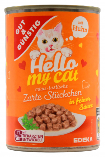 Gut & Günstig Hello my cat Zarte Stückchen in feiner Sauce mit Huhn, 10 x 415g Dosen