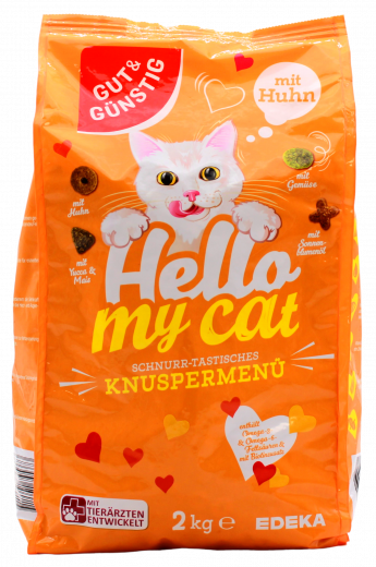 Gut & Günstig Hello my cat Knuspermenü mit Huhn, 4 x 2000g Packungen