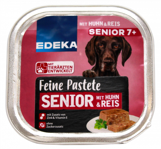 Edeka Feine Pastete Senior mit Huhn und Reis Hundefutter 10 x 300g Becher