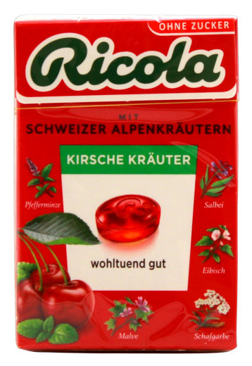 Ricola Kirsche Kräuter Hustenbonbons ohne Zucker, 20 x 50g Schachtel