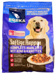 Edeka Saftige Happen mit Rind und Karotten Komplett-Mahlzeit für Hunde 5 x 1500g Packungen